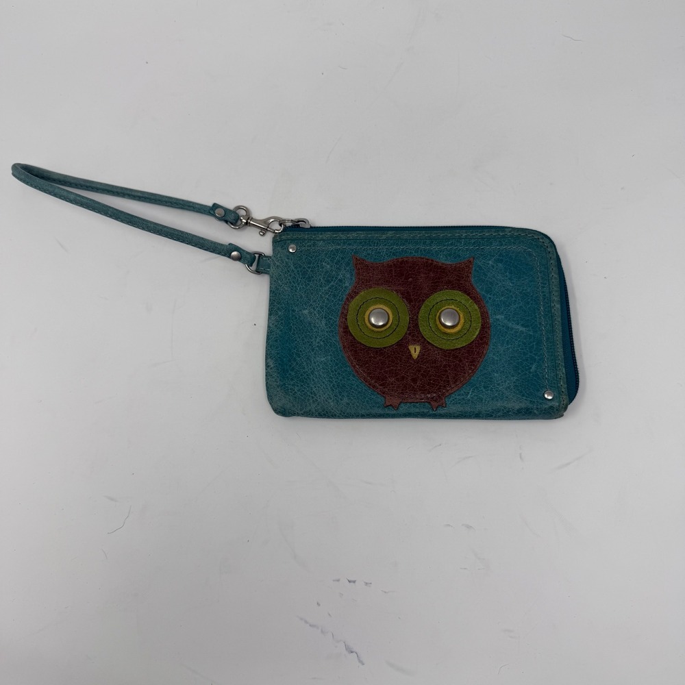 Fossil Owl Applique Leather Wristlet Wallet Teal Blue Women Small